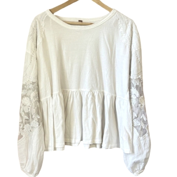 Free People Penny Top Embroidered Sheer Sleeves White Boho Cotton Peplum L - Picture 10 of 11